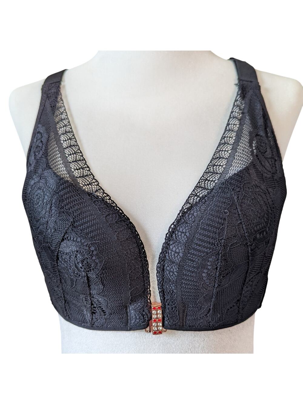 Black Lace Plunge Wireless Bra Rose Gold Clasp Adjustable Straps Band Size 36